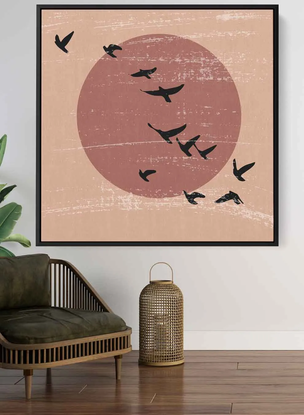 Square Canvas Wall Art Stretched Over Wooden Frame with Black Floating Frame and Flying High Birds Painting