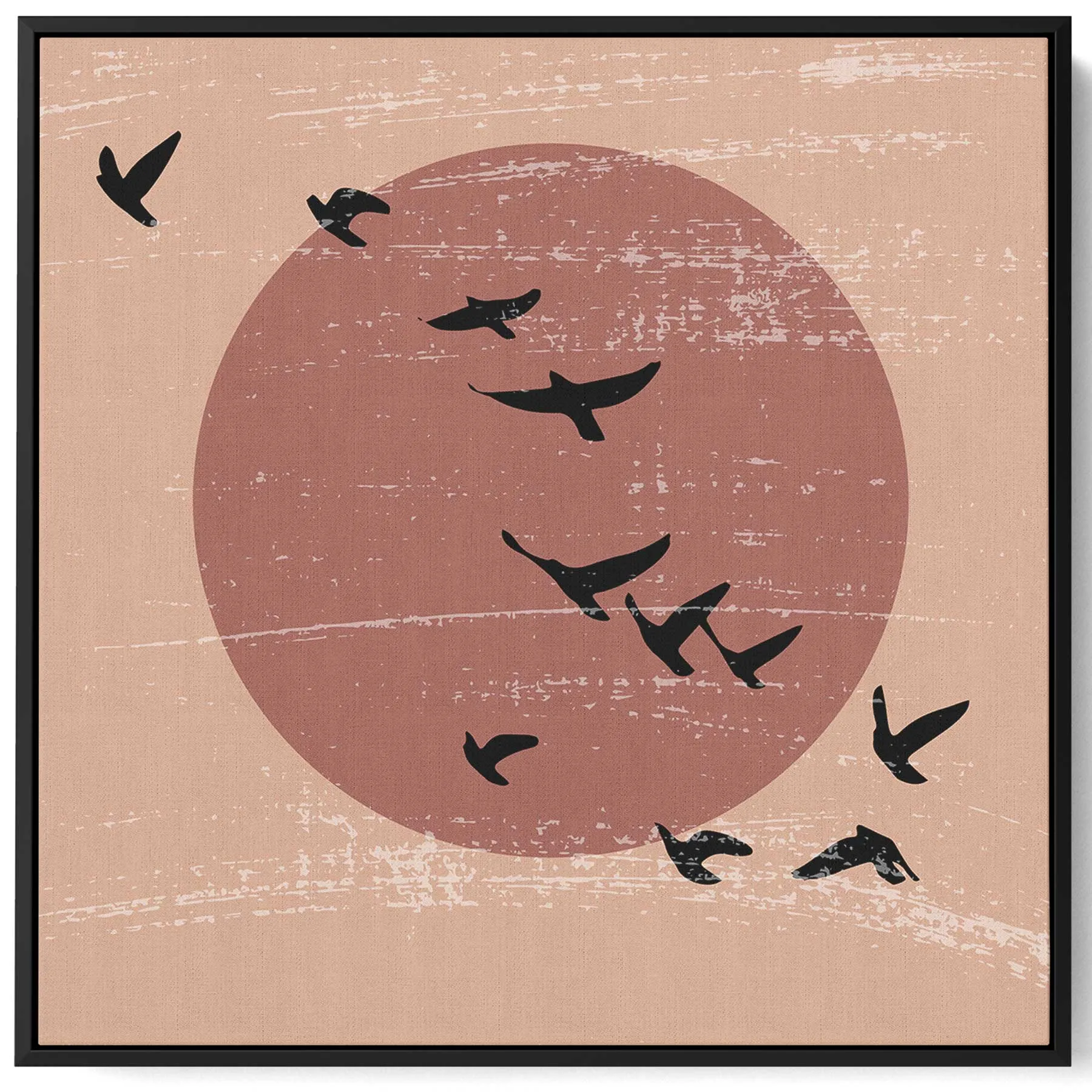 Square Canvas Wall Art Stretched Over Wooden Frame with Black Floating Frame and Flying High Birds Painting