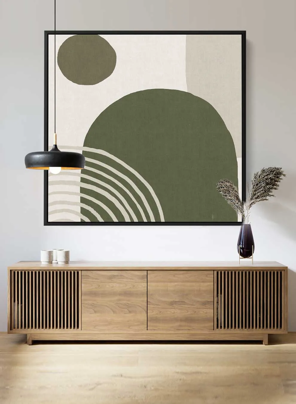 Square Canvas Wall Art Stretched Over Wooden Frame with Black Floating Frame and Green Abstract Painting