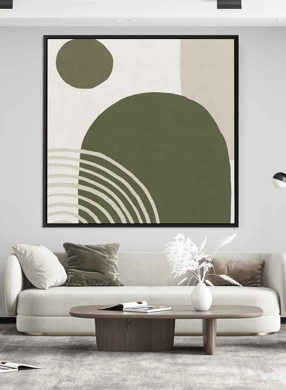 Square Canvas Wall Art Stretched Over Wooden Frame with Black Floating Frame and Green Abstract Painting