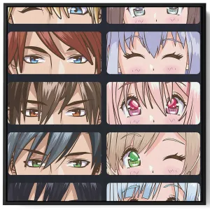 Square Canvas Wall Art Stretched Over Wooden Frame with Black Floating Frame and Group Of Young People Anime Painting