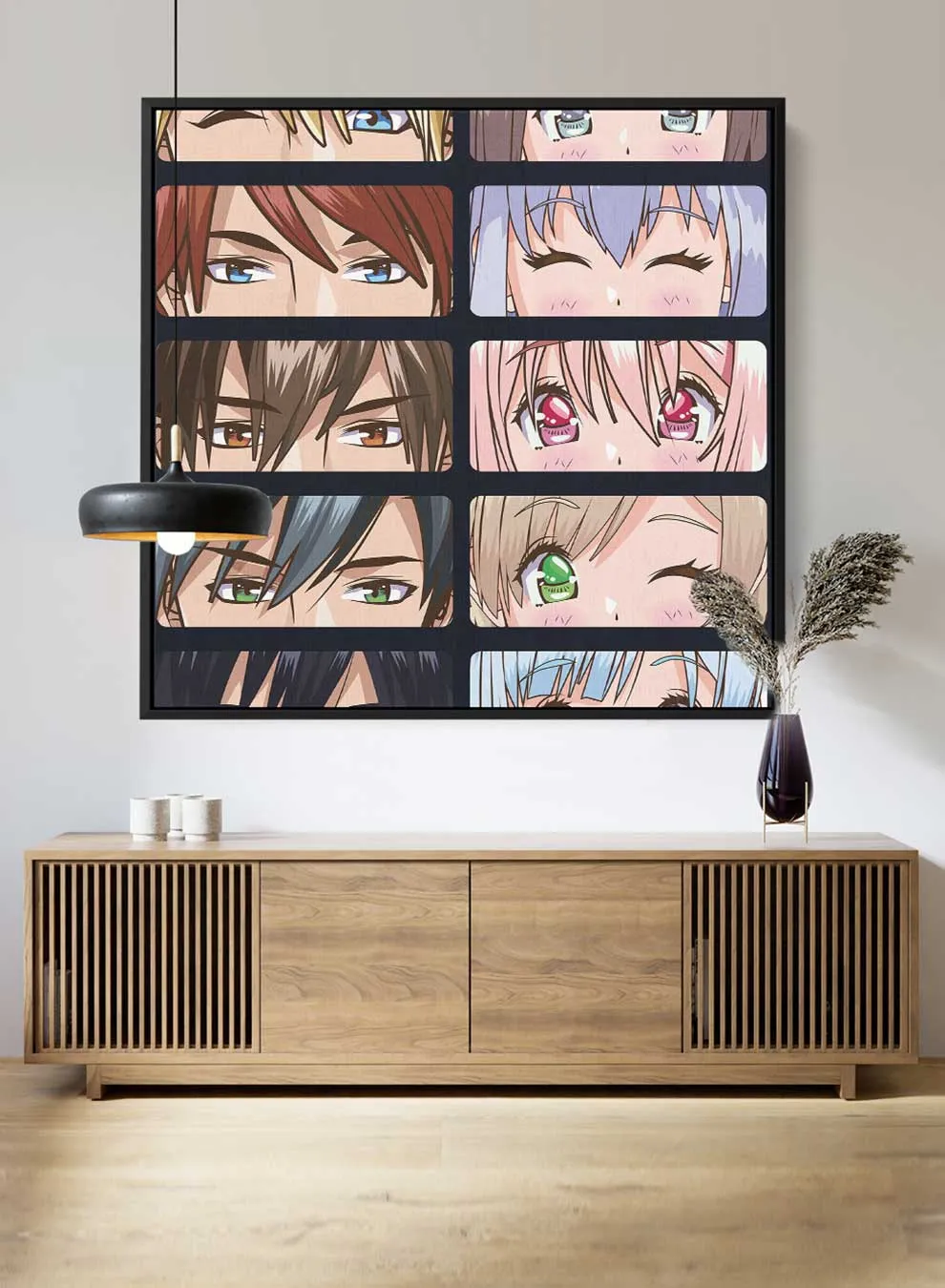 Square Canvas Wall Art Stretched Over Wooden Frame with Black Floating Frame and Group Of Young People Anime Painting