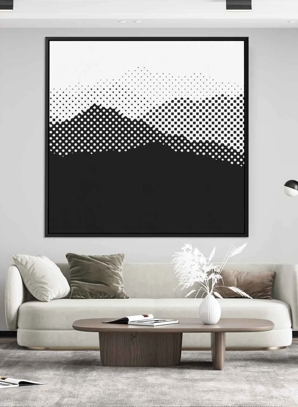 Square Canvas Wall Art Stretched Over Wooden Frame with Black Floating Frame and High Mountains Painting