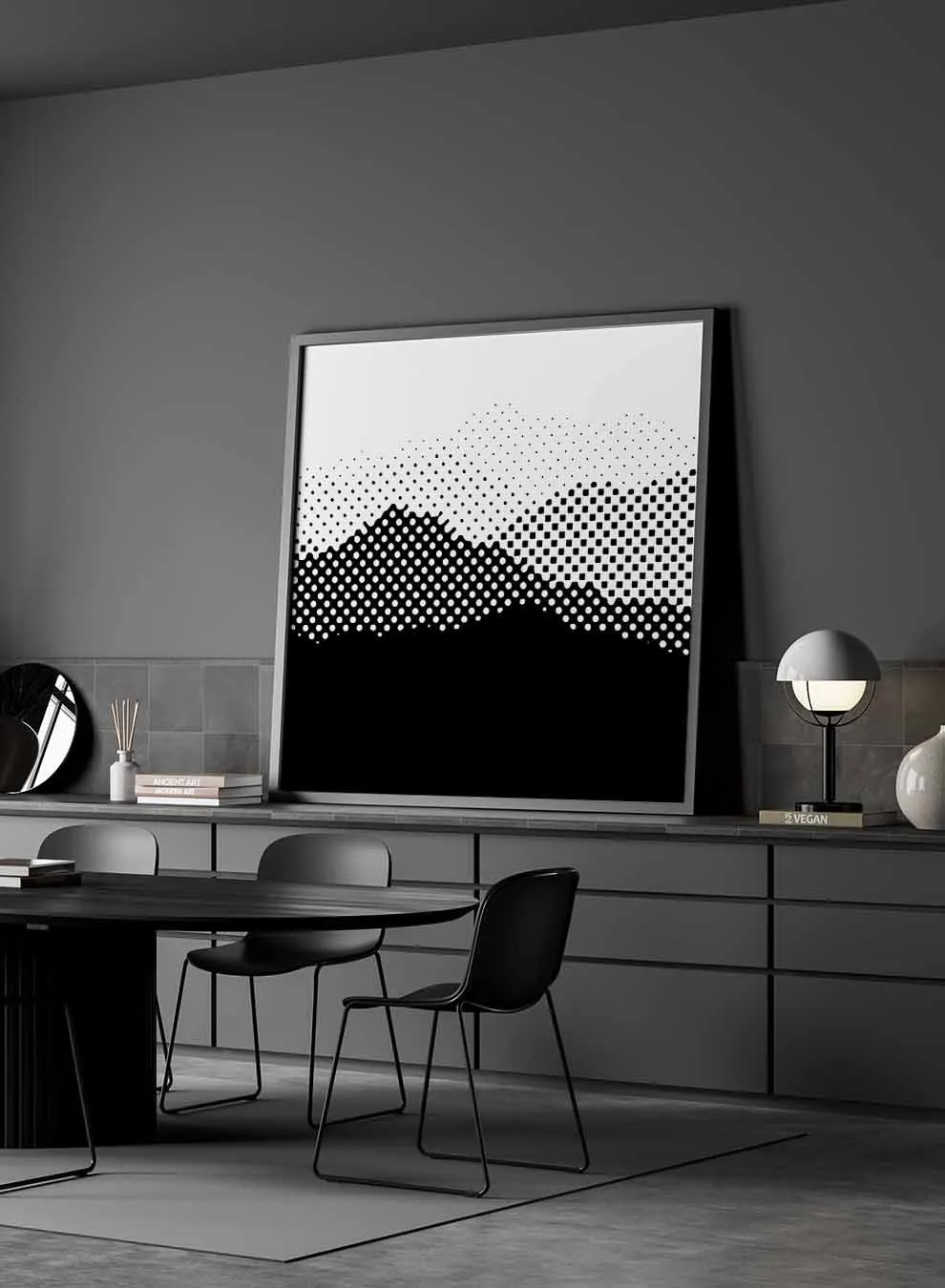 Square Canvas Wall Art Stretched Over Wooden Frame with Black Floating Frame and High Mountains Painting