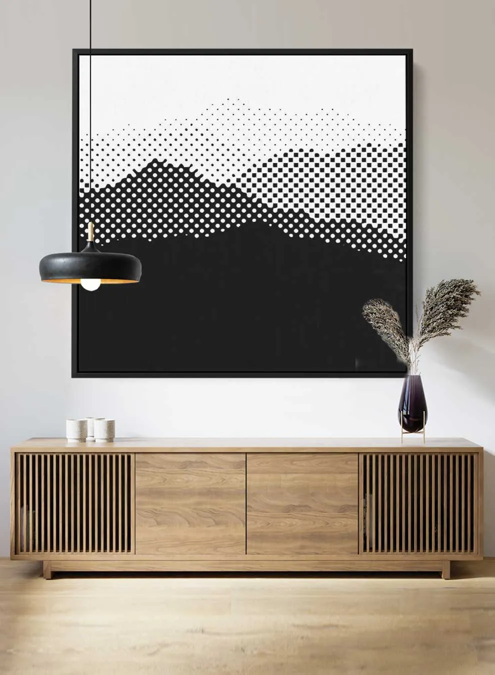 Square Canvas Wall Art Stretched Over Wooden Frame with Black Floating Frame and High Mountains Painting