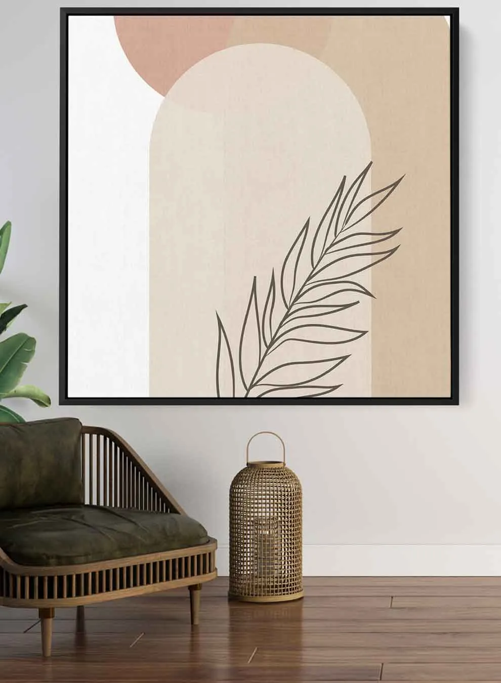 Square Canvas Wall Art Stretched Over Wooden Frame with Black Floating Frame and Leave Abstract Painting