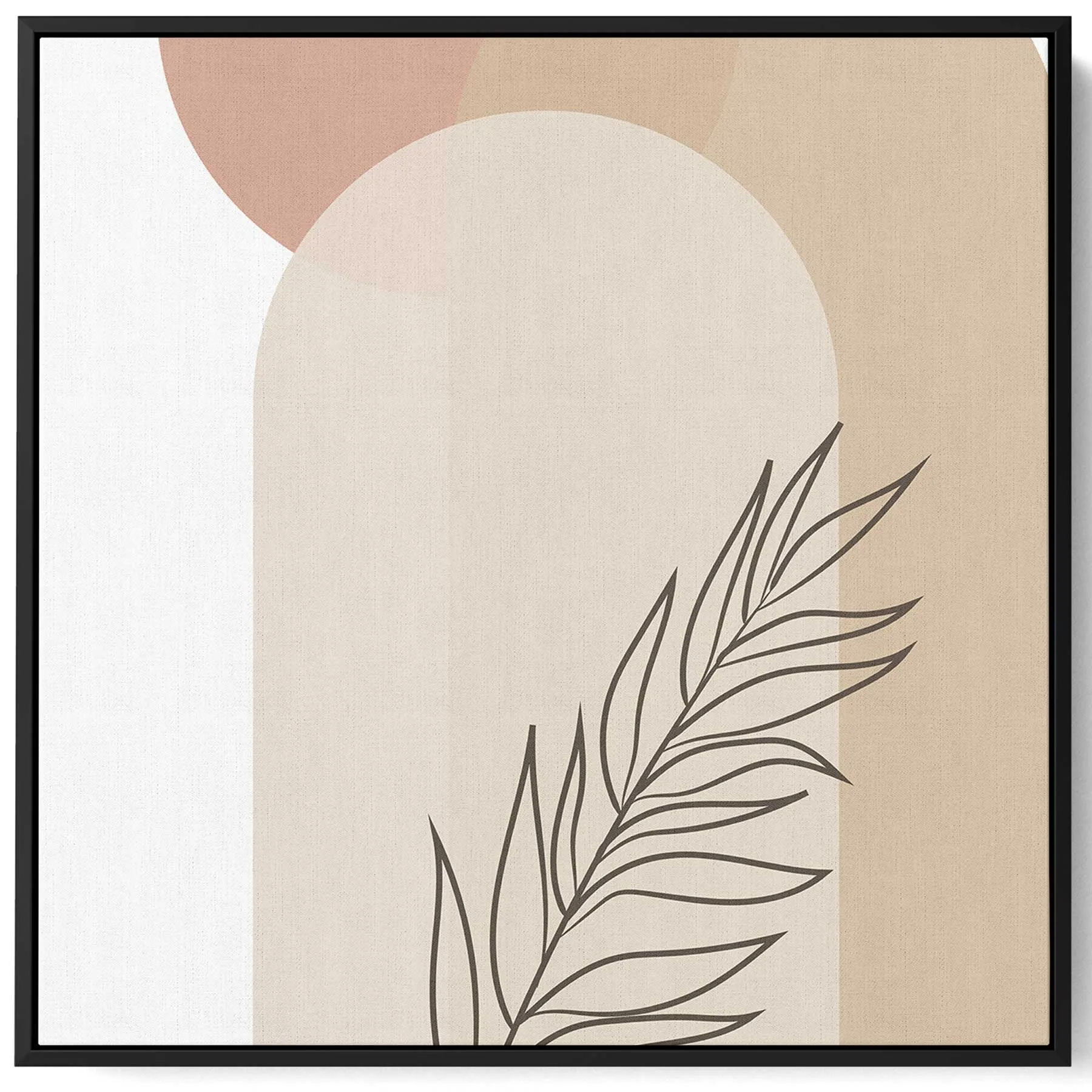 Square Canvas Wall Art Stretched Over Wooden Frame with Black Floating Frame and Leave Abstract Painting