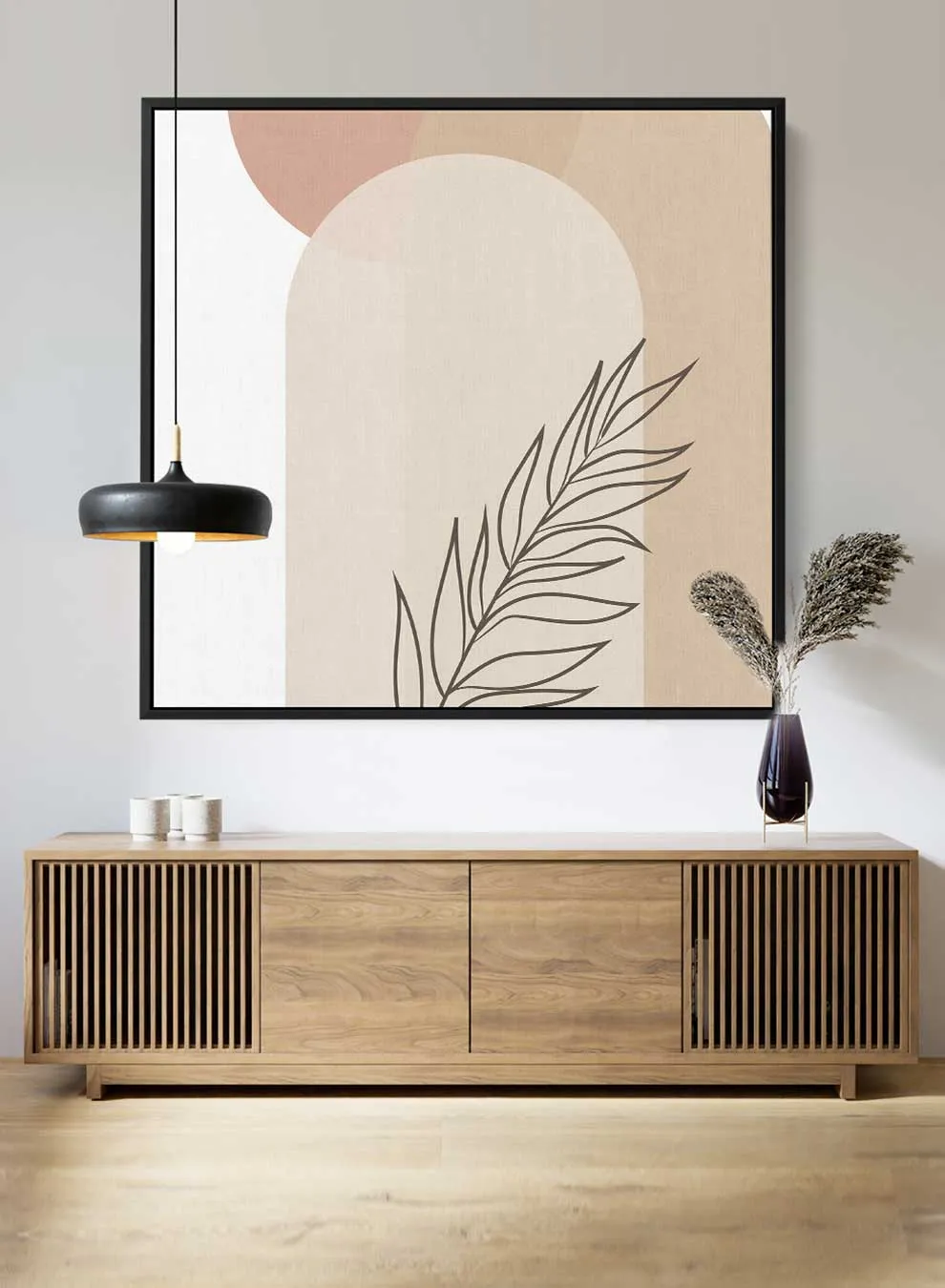 Square Canvas Wall Art Stretched Over Wooden Frame with Black Floating Frame and Leave Abstract Painting