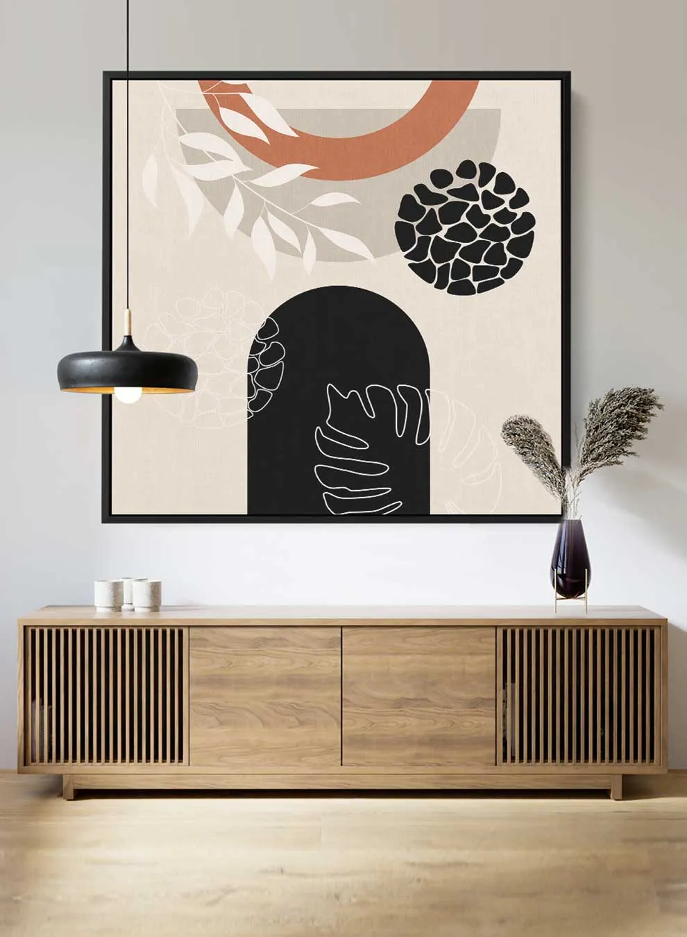Square Canvas Wall Art Stretched Over Wooden Frame with Black Floating Frame and Leaves Abstract Art