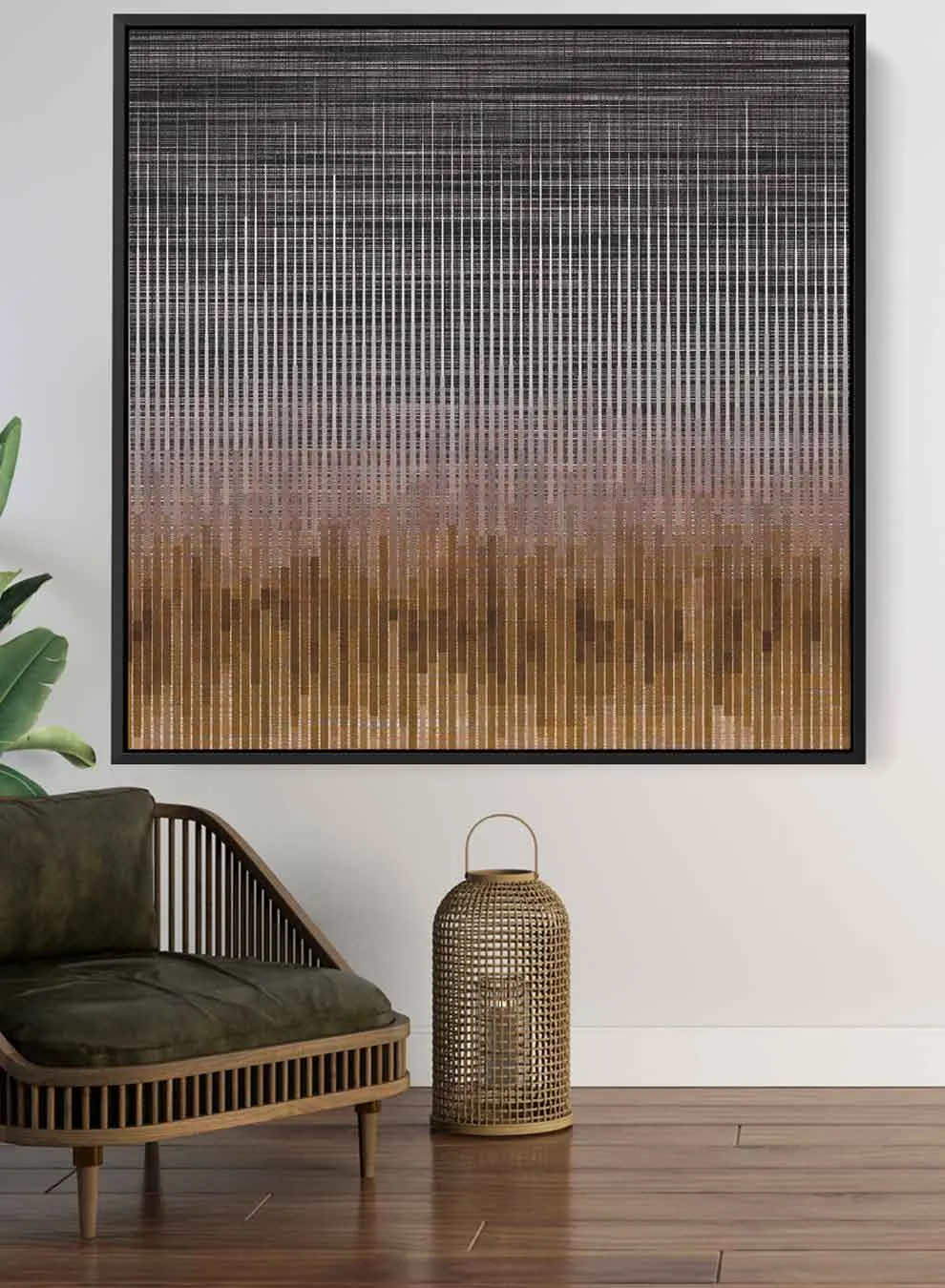Square Canvas Wall Art Stretched Over Wooden Frame with Black Floating Frame and Maze Abstract Painting