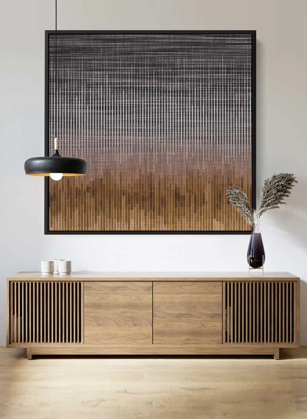 Square Canvas Wall Art Stretched Over Wooden Frame with Black Floating Frame and Maze Abstract Painting
