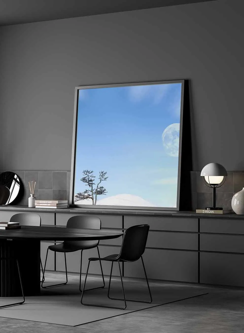 Square Canvas Wall Art Stretched Over Wooden Frame with Black Floating Frame and Moon On The Mountains Painting