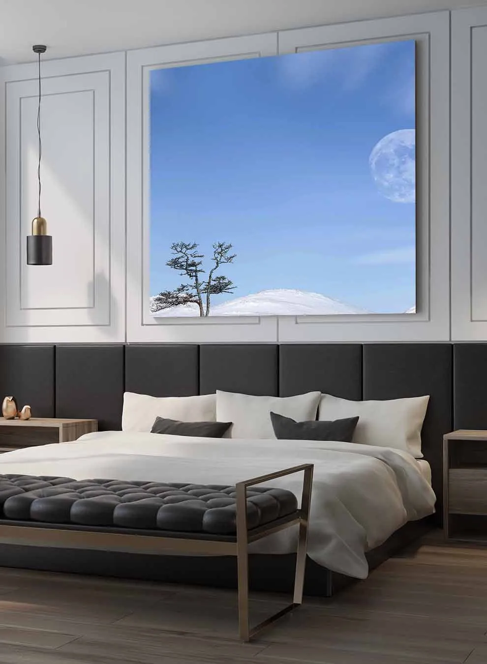 Square Canvas Wall Art Stretched Over Wooden Frame with Black Floating Frame and Moon On The Mountains Painting