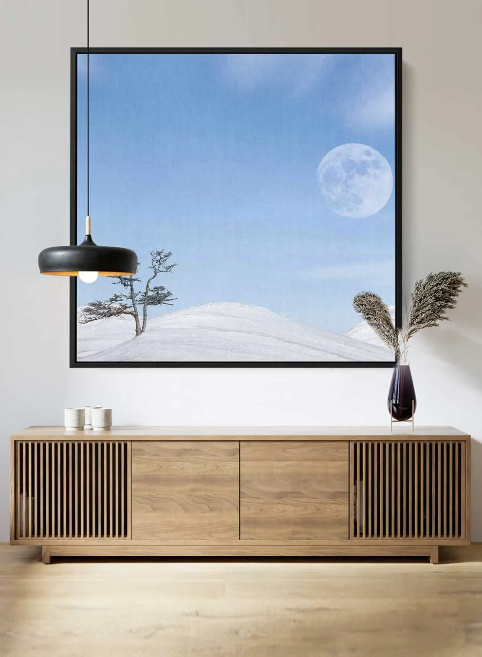 Square Canvas Wall Art Stretched Over Wooden Frame with Black Floating Frame and Moon On The Mountains Painting