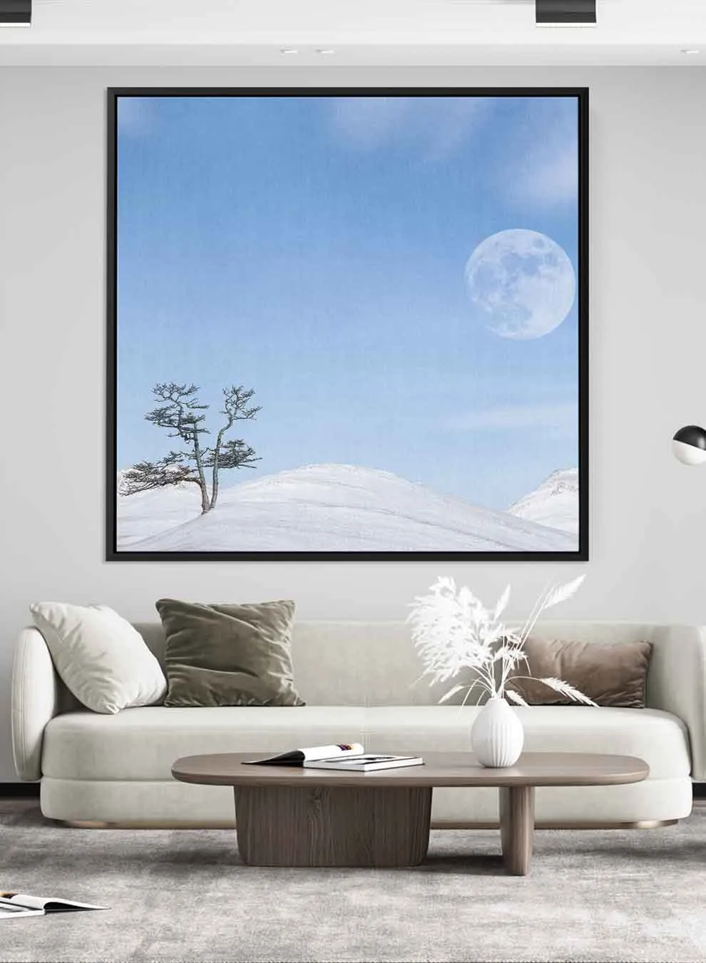 Square Canvas Wall Art Stretched Over Wooden Frame with Black Floating Frame and Moon On The Mountains Painting