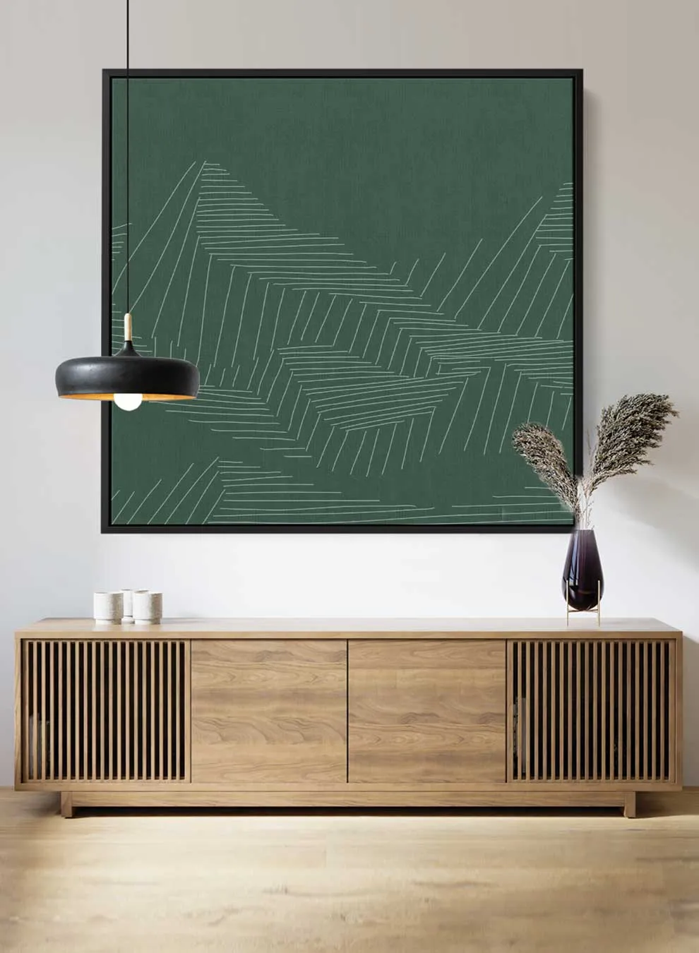 Square Canvas Wall Art Stretched Over Wooden Frame with Black Floating Frame and Mountains Abstract Painting