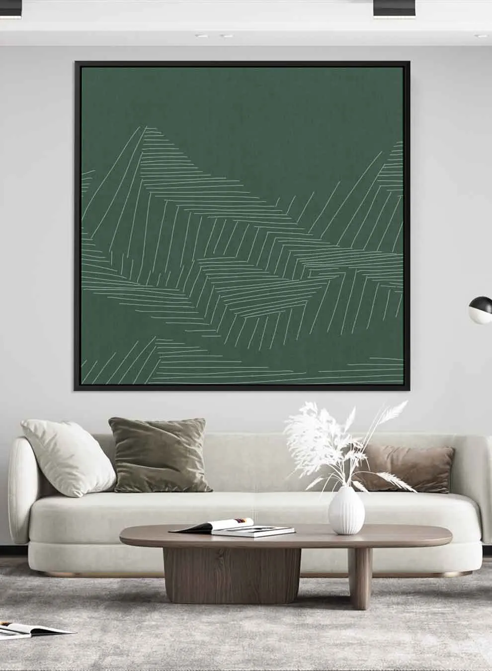 Square Canvas Wall Art Stretched Over Wooden Frame with Black Floating Frame and Mountains Abstract Painting