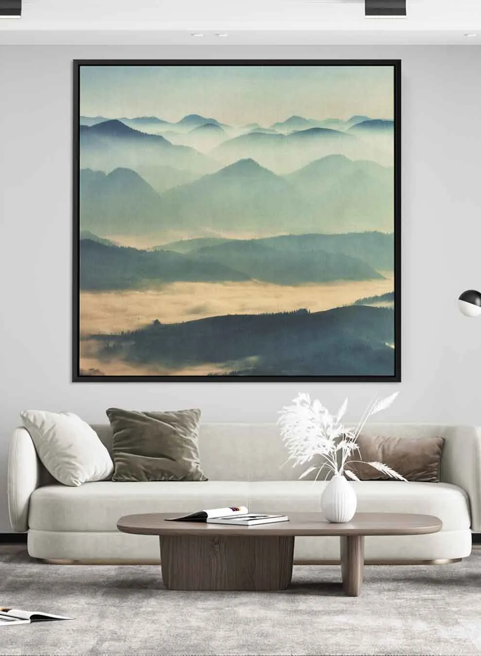 Square Canvas Wall Art Stretched Over Wooden Frame with Black Floating Frame and Mountains With Ice Painting