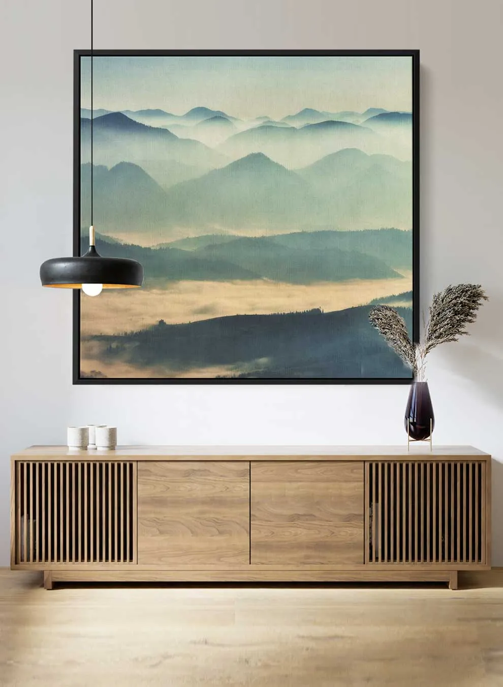 Square Canvas Wall Art Stretched Over Wooden Frame with Black Floating Frame and Mountains With Ice Painting