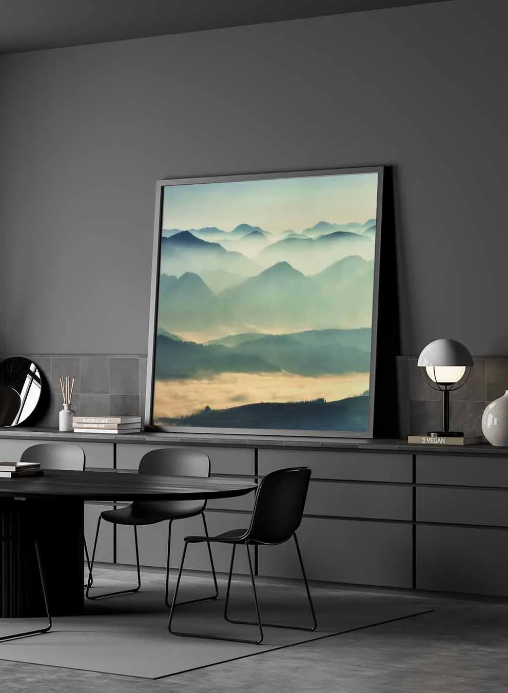 Square Canvas Wall Art Stretched Over Wooden Frame with Black Floating Frame and Mountains With Ice Painting