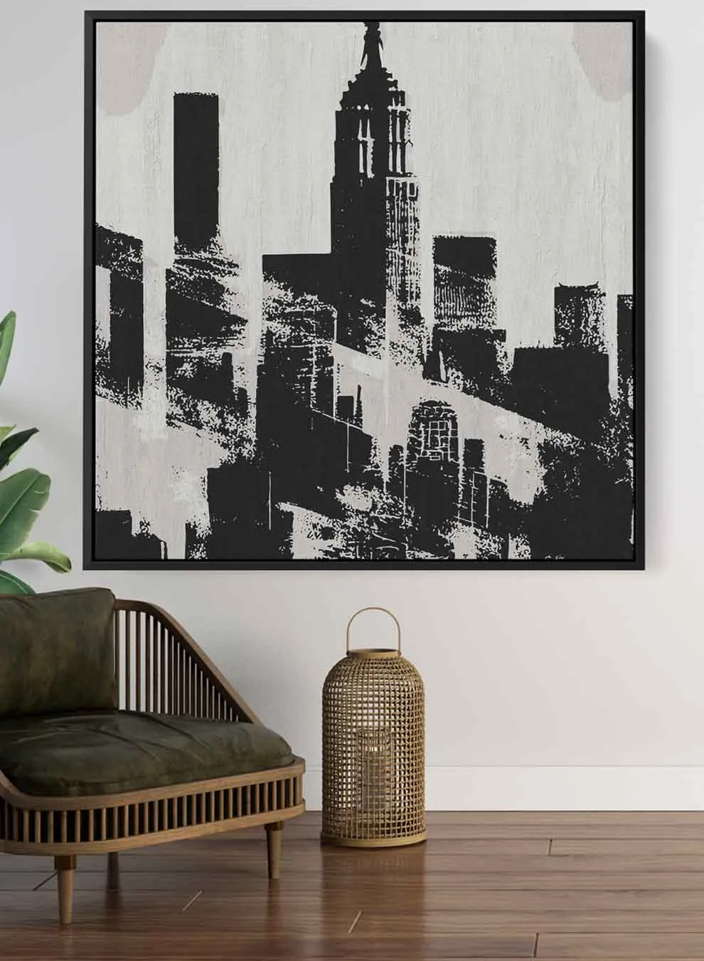 Square Canvas Wall Art Stretched Over Wooden Frame with Black Floating Frame and New York City Painting