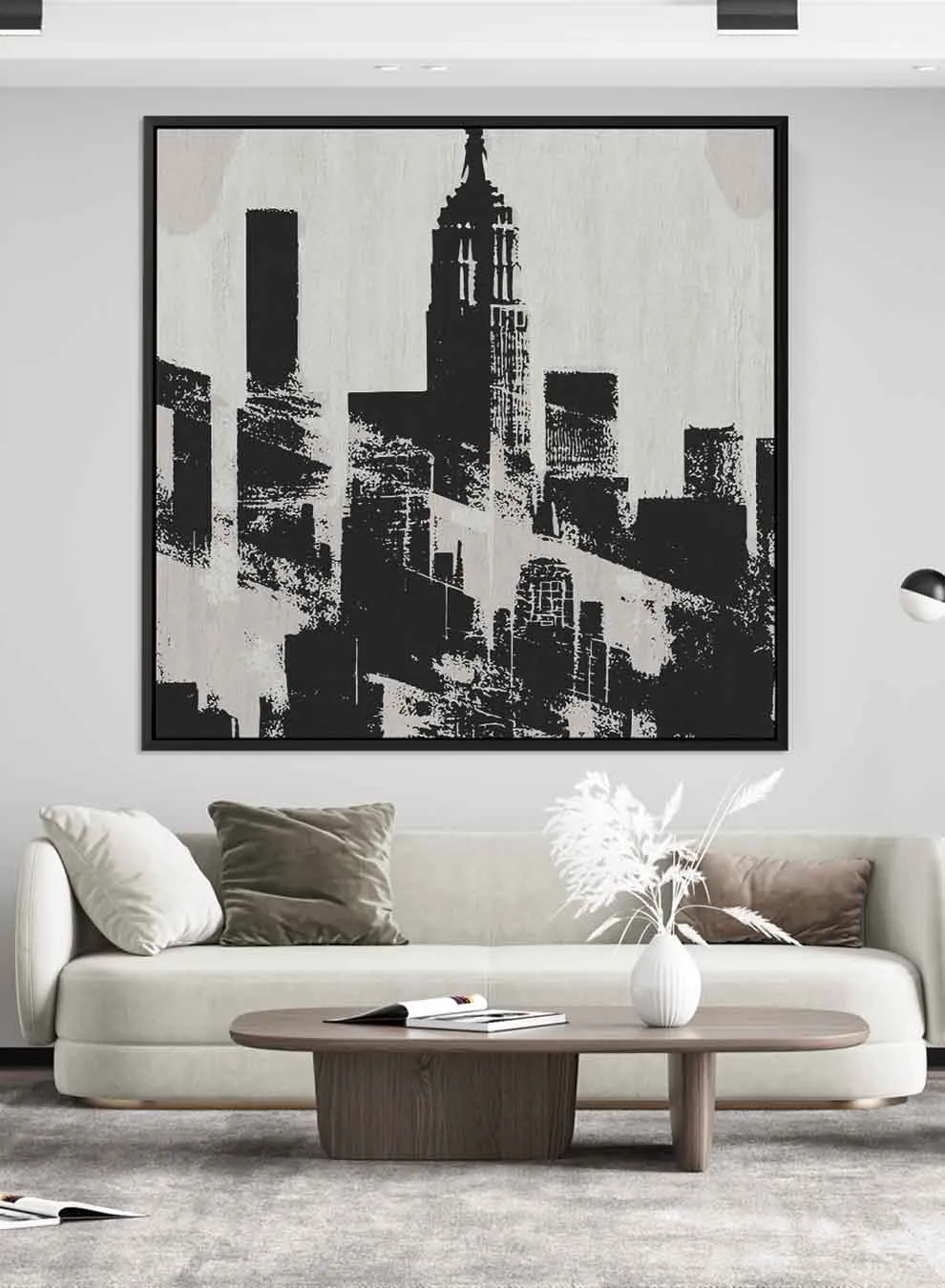 Square Canvas Wall Art Stretched Over Wooden Frame with Black Floating Frame and New York City Painting
