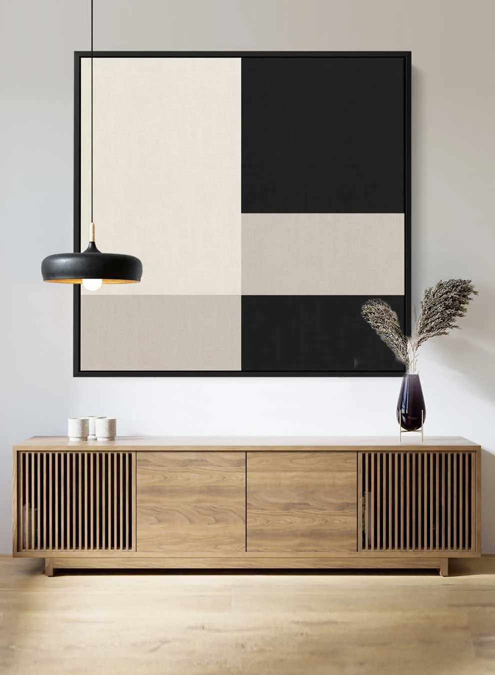 Square Canvas Wall Art Stretched Over Wooden Frame with Black Floating Frame and Nordic Squares Abstract Painting