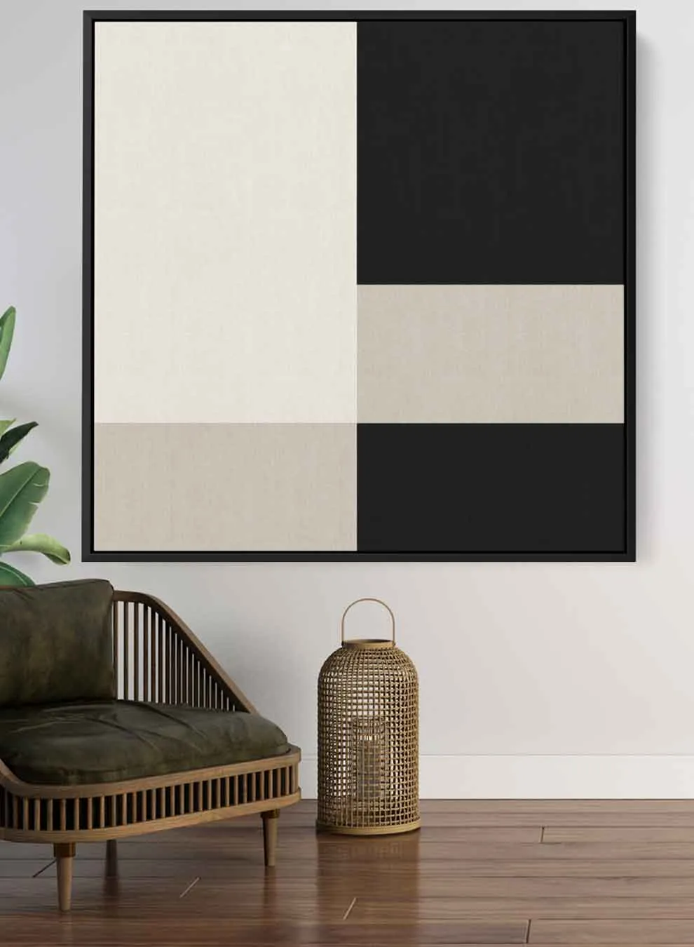 Square Canvas Wall Art Stretched Over Wooden Frame with Black Floating Frame and Nordic Squares Abstract Painting