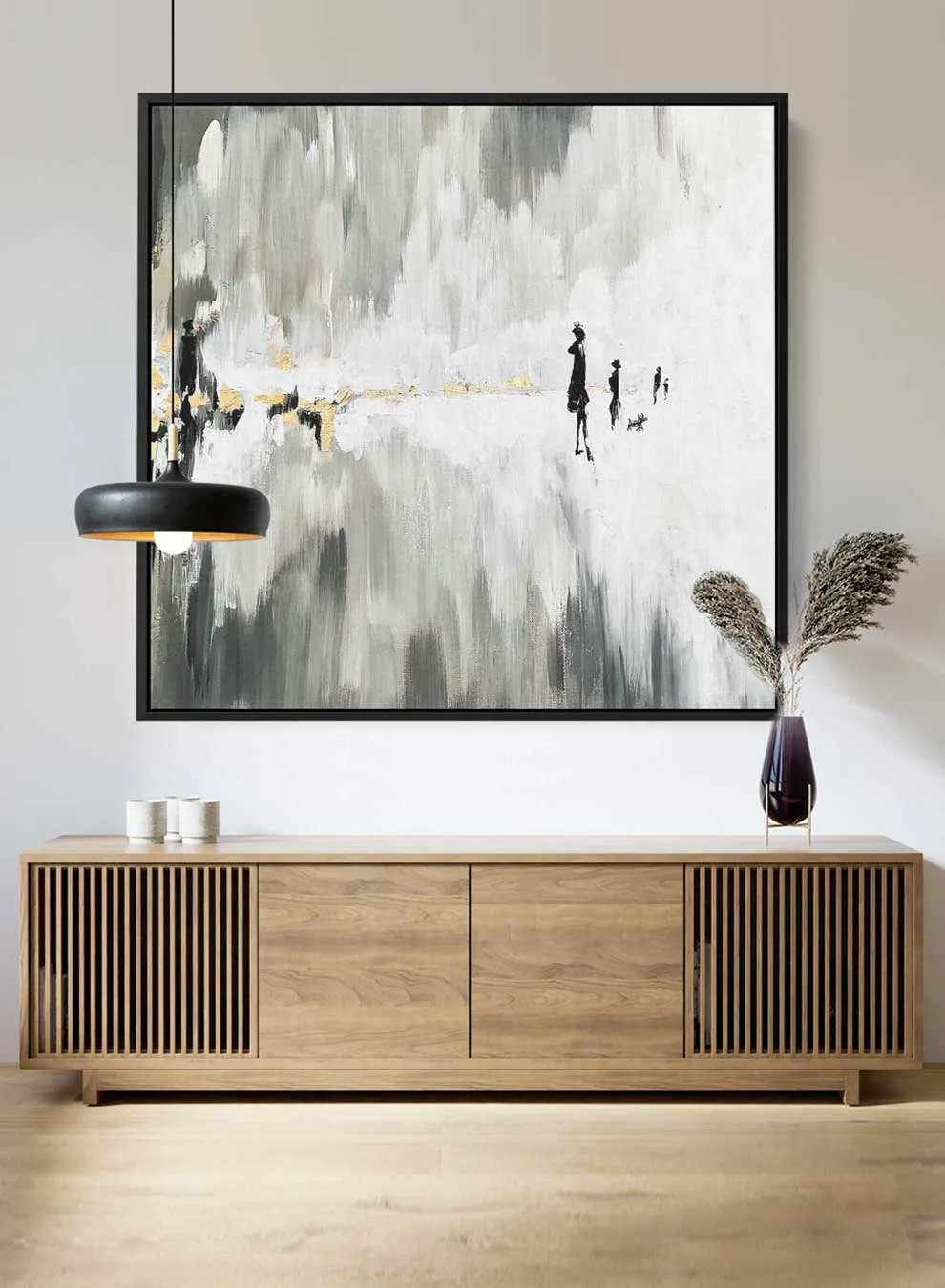 Square Canvas Wall Art Stretched Over Wooden Frame with Black Floating Frame and One Line Face Abstract Painting