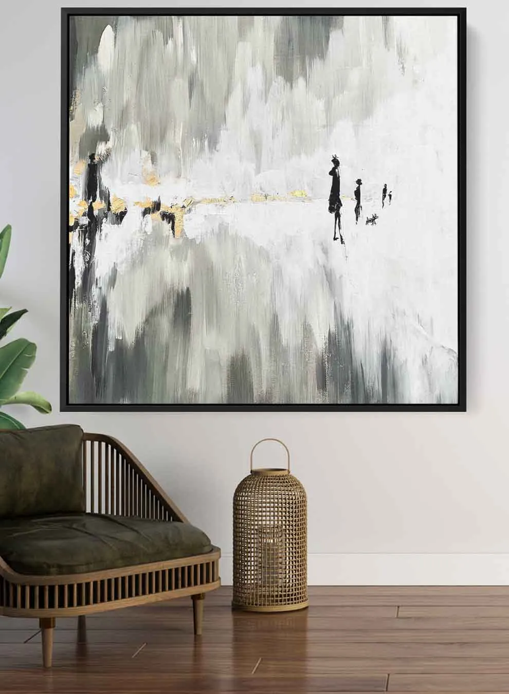 Square Canvas Wall Art Stretched Over Wooden Frame with Black Floating Frame and One Line Face Abstract Painting