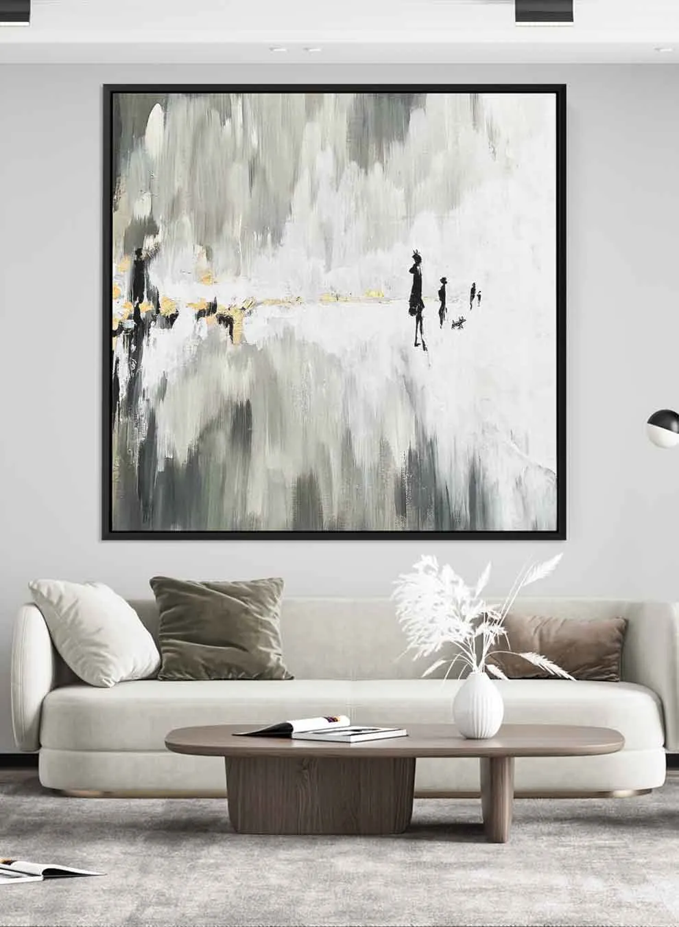 Square Canvas Wall Art Stretched Over Wooden Frame with Black Floating Frame and One Line Face Abstract Painting