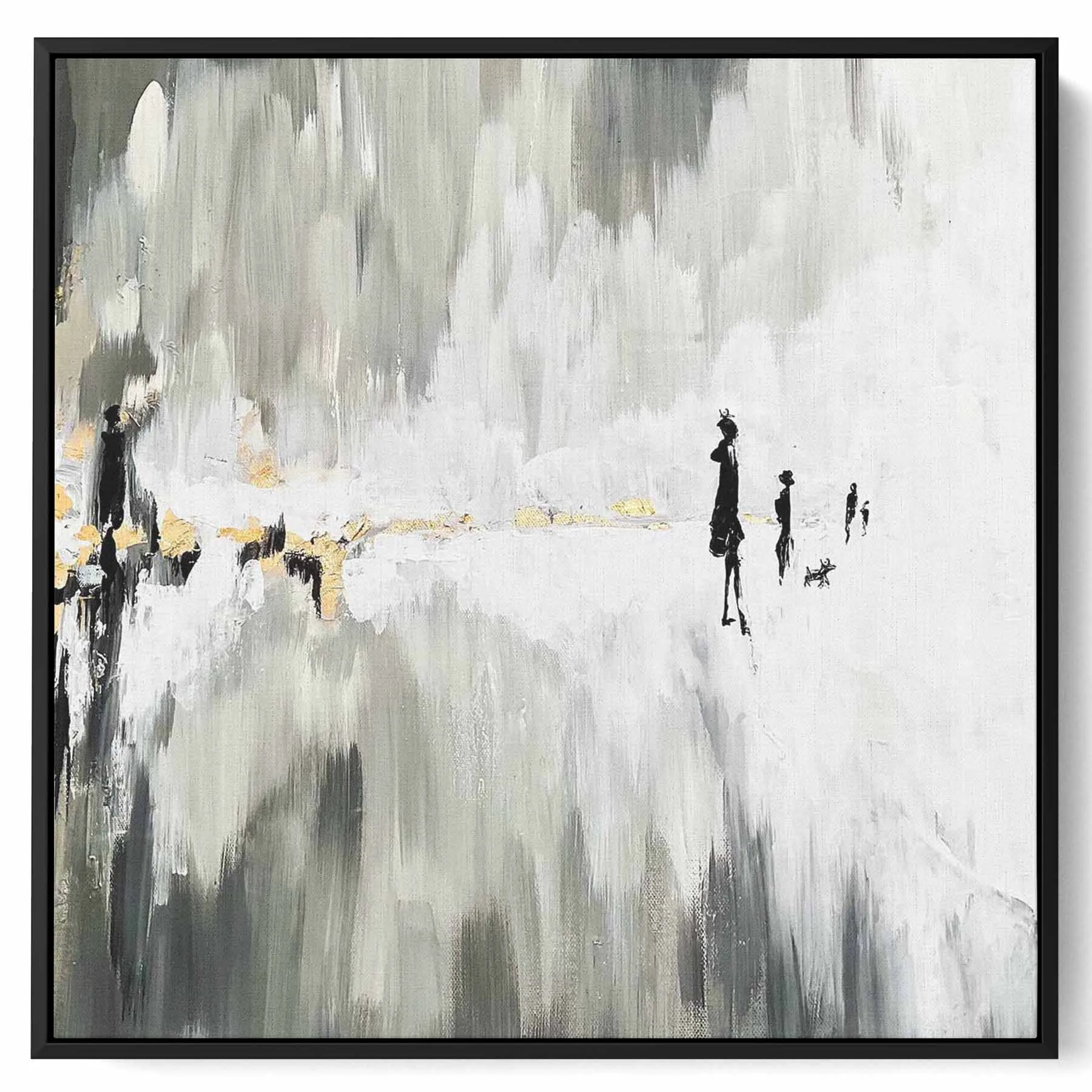 Square Canvas Wall Art Stretched Over Wooden Frame with Black Floating Frame and One Line Face Abstract Painting