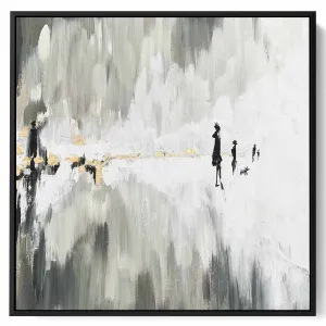 Square Canvas Wall Art Stretched Over Wooden Frame with Black Floating Frame and One Line Face Abstract Painting
