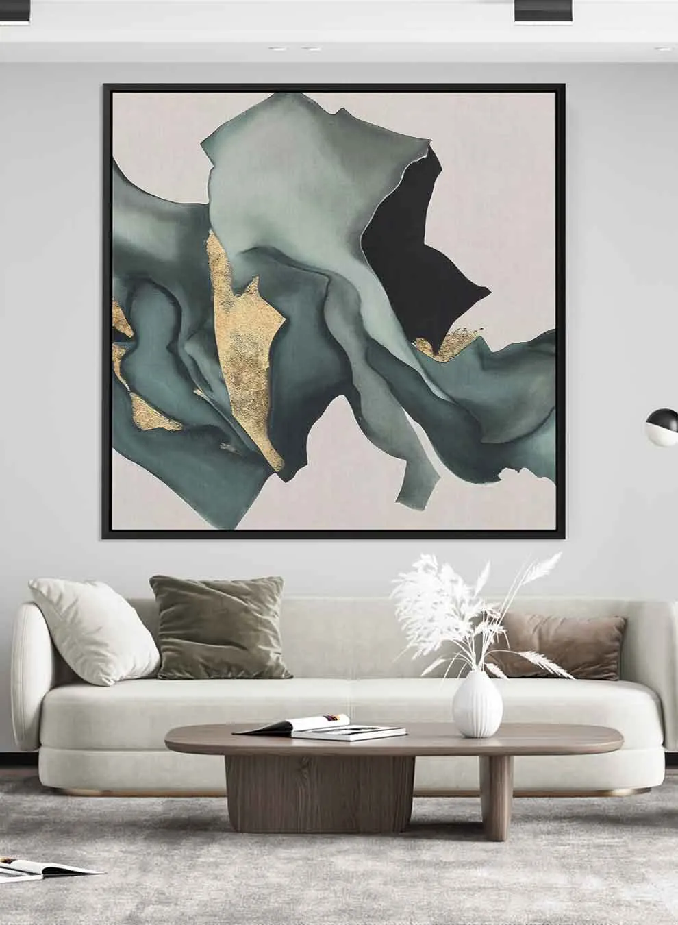 Square Canvas Wall Art Stretched Over Wooden Frame with Black Floating Frame and Pieces Of Fabric Pattern Painting