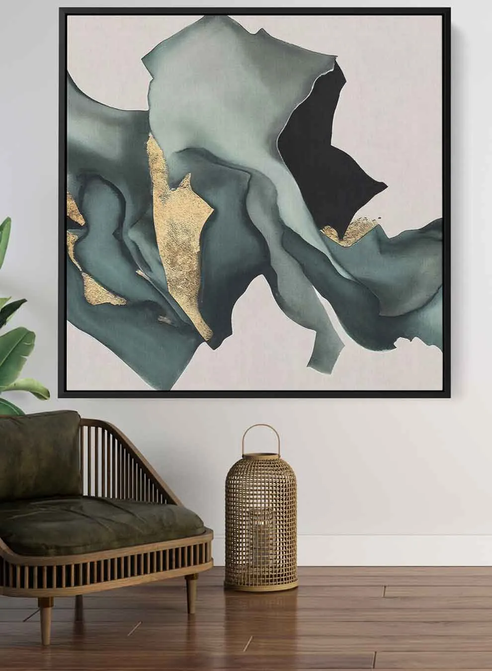Square Canvas Wall Art Stretched Over Wooden Frame with Black Floating Frame and Pieces Of Fabric Pattern Painting