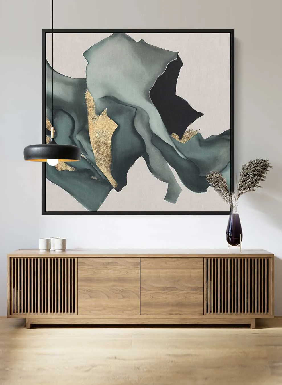 Square Canvas Wall Art Stretched Over Wooden Frame with Black Floating Frame and Pieces Of Fabric Pattern Painting
