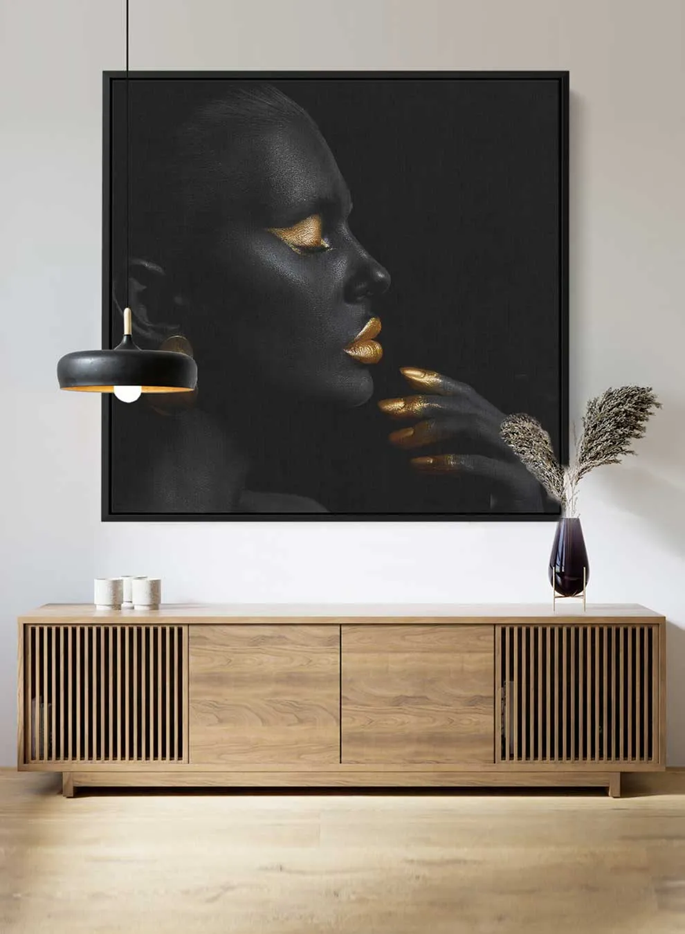 Square Canvas Wall Art Stretched Over Wooden Frame with Black Floating Frame and Pretty Woman With Gold Makeup