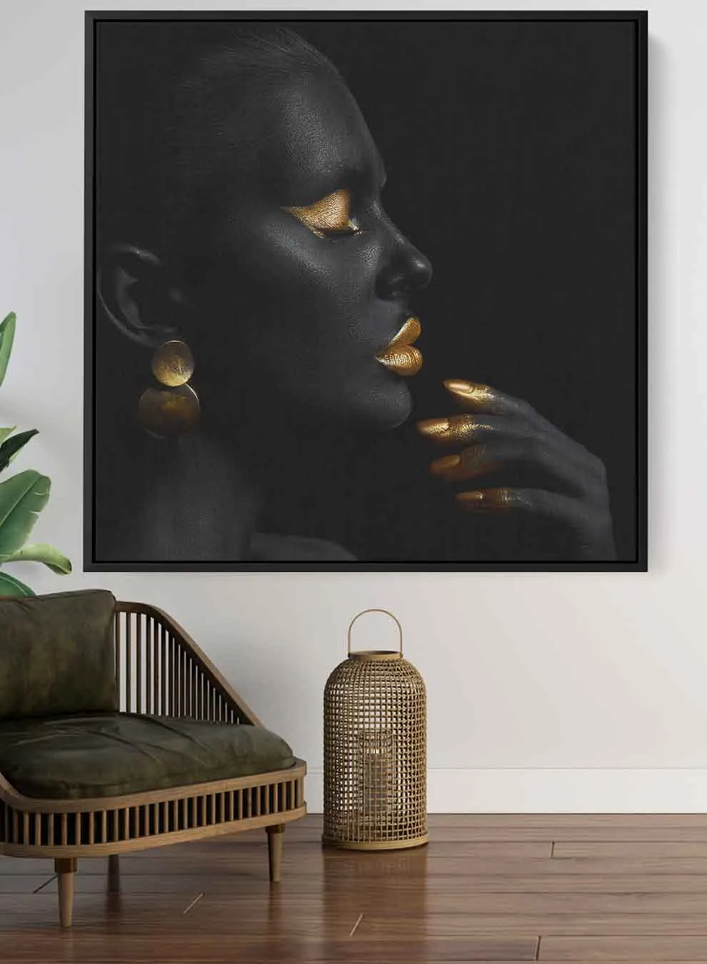 Square Canvas Wall Art Stretched Over Wooden Frame with Black Floating Frame and Pretty Woman With Gold Makeup