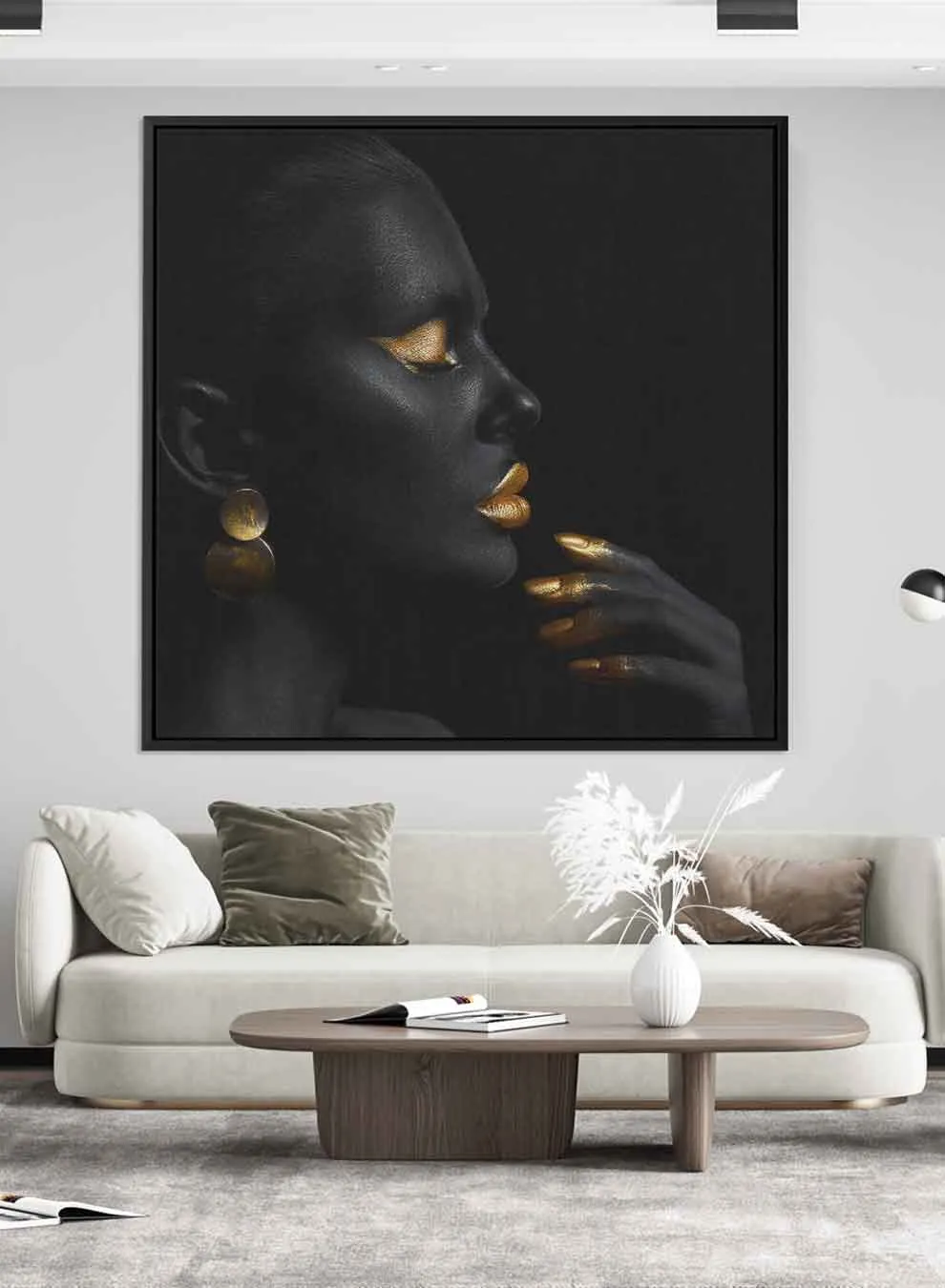 Square Canvas Wall Art Stretched Over Wooden Frame with Black Floating Frame and Pretty Woman With Gold Makeup