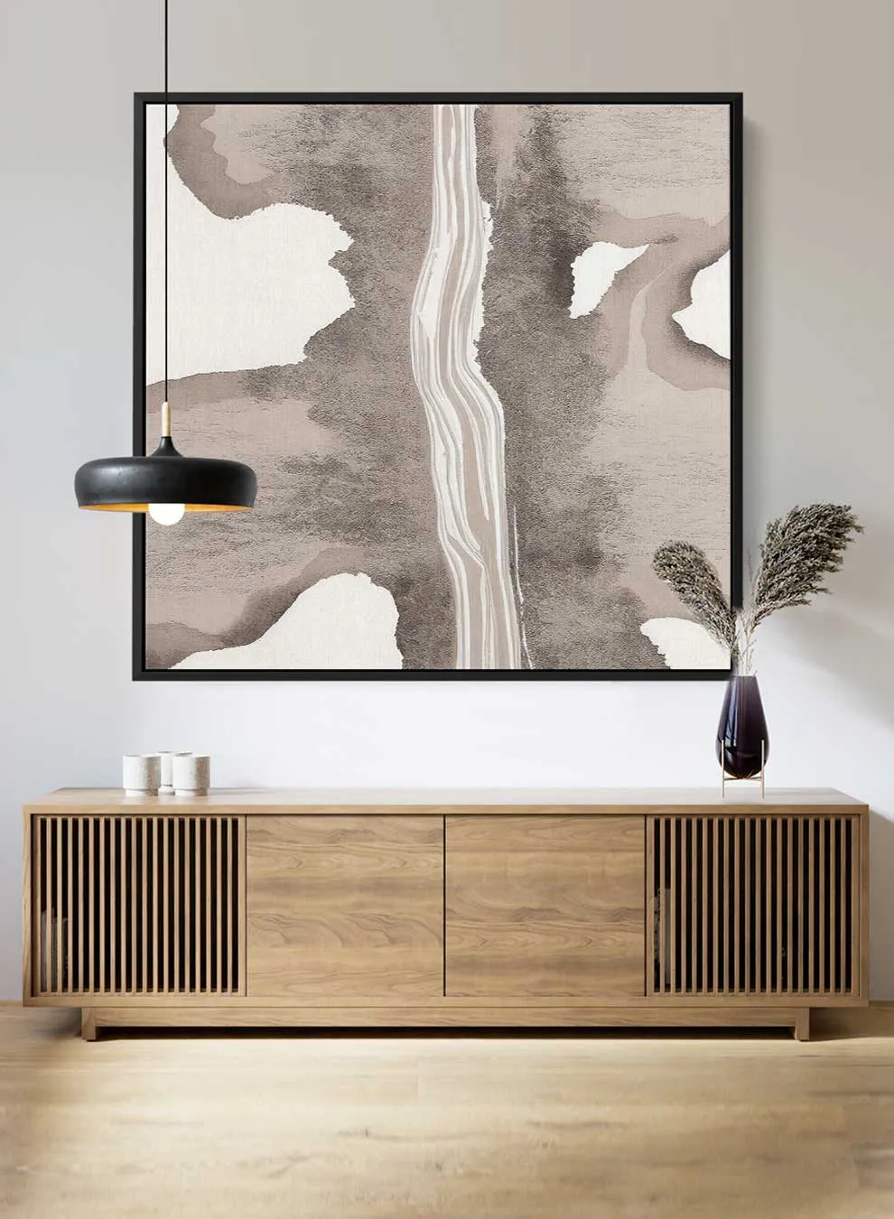 Square Canvas Wall Art Stretched Over Wooden Frame with Black Floating Frame and Road Pattern Painting