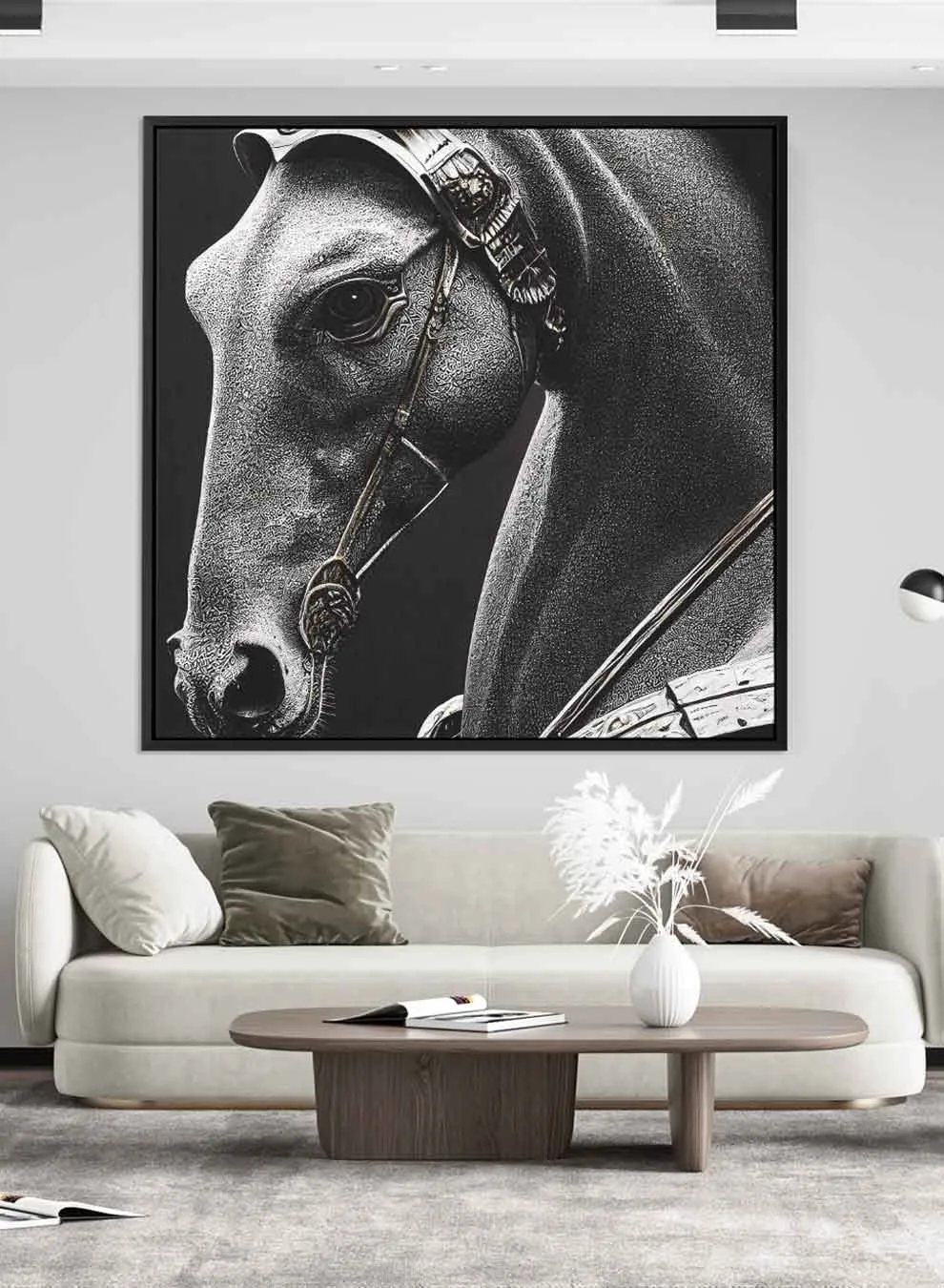 Square Canvas Wall Art Stretched Over Wooden Frame with Black Floating Frame and Royal Horse Painting