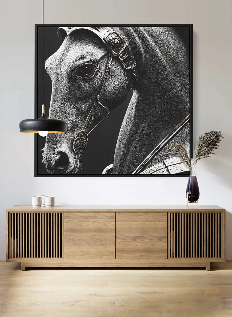 Square Canvas Wall Art Stretched Over Wooden Frame with Black Floating Frame and Royal Horse Painting
