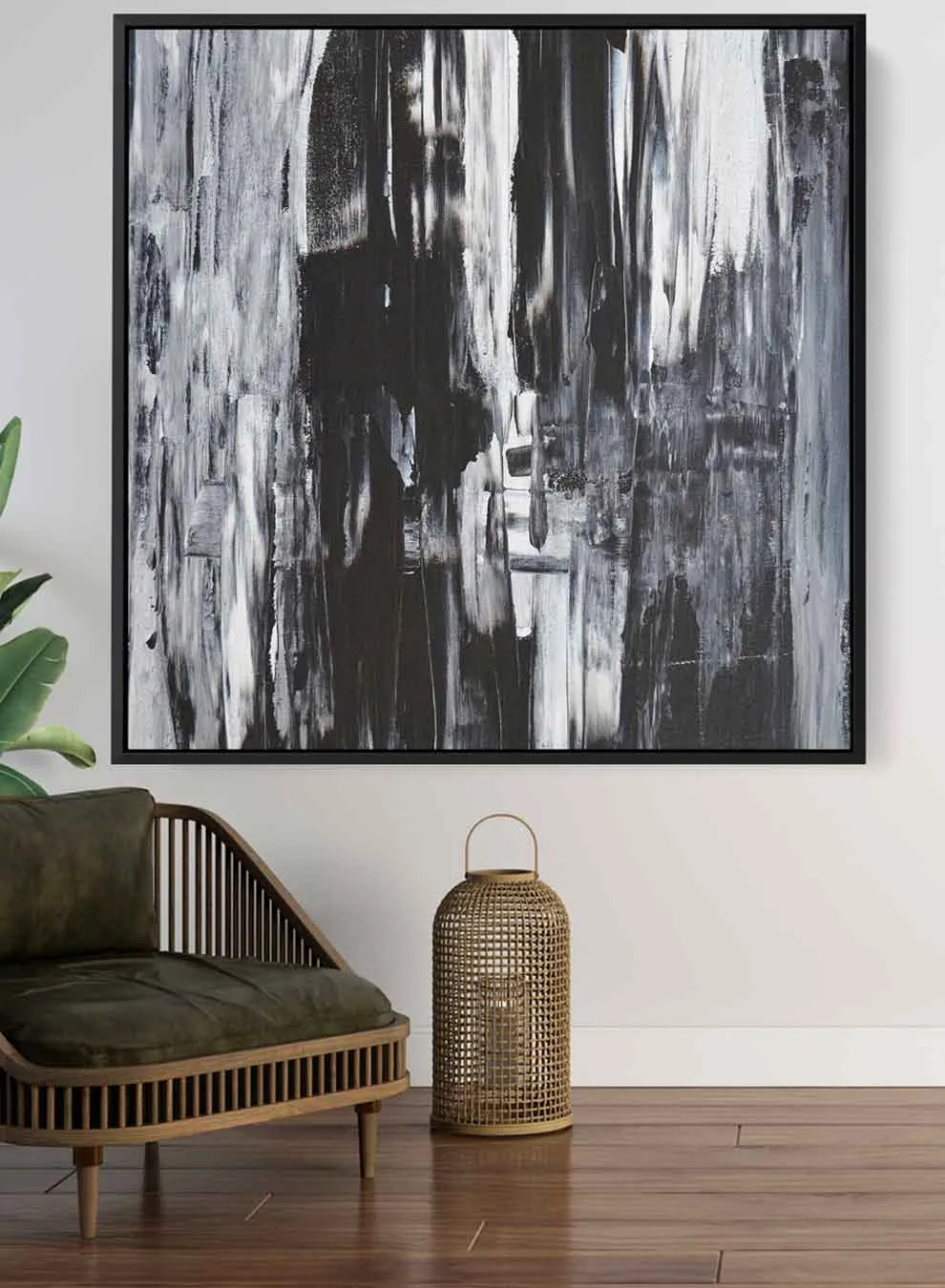 Square Canvas Wall Art Stretched Over Wooden Frame with Black Floating Frame and Sand Dunes Painting
