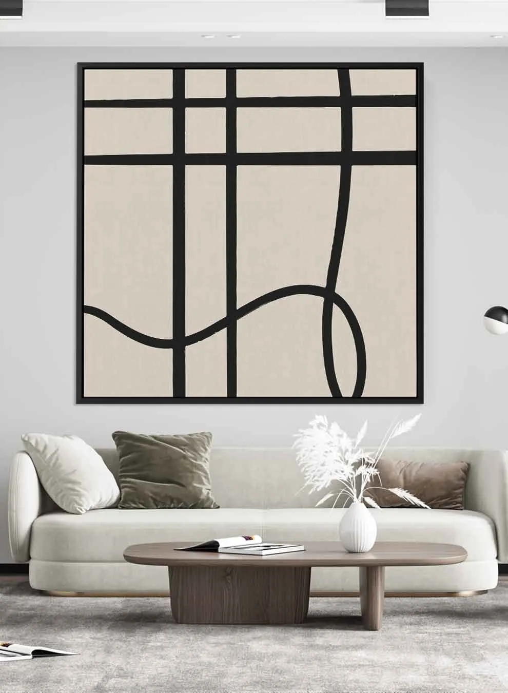 Square Canvas Wall Art Stretched Over Wooden Frame with Black Floating Frame and Scandinavian Abstract Art