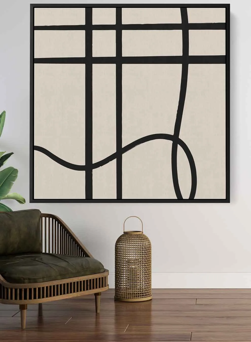 Square Canvas Wall Art Stretched Over Wooden Frame with Black Floating Frame and Scandinavian Abstract Art