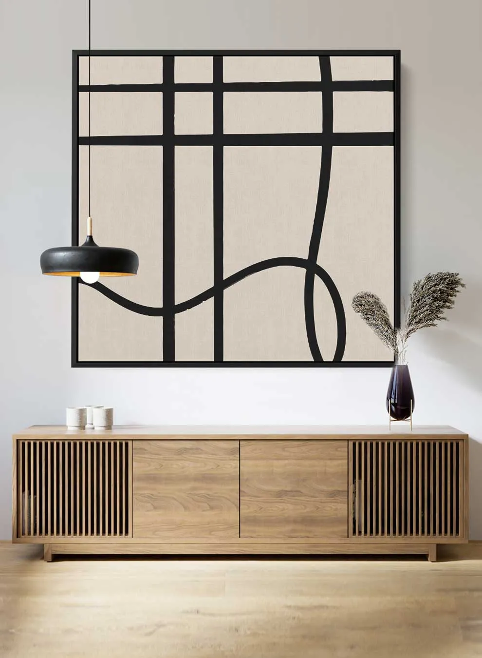 Square Canvas Wall Art Stretched Over Wooden Frame with Black Floating Frame and Scandinavian Abstract Art