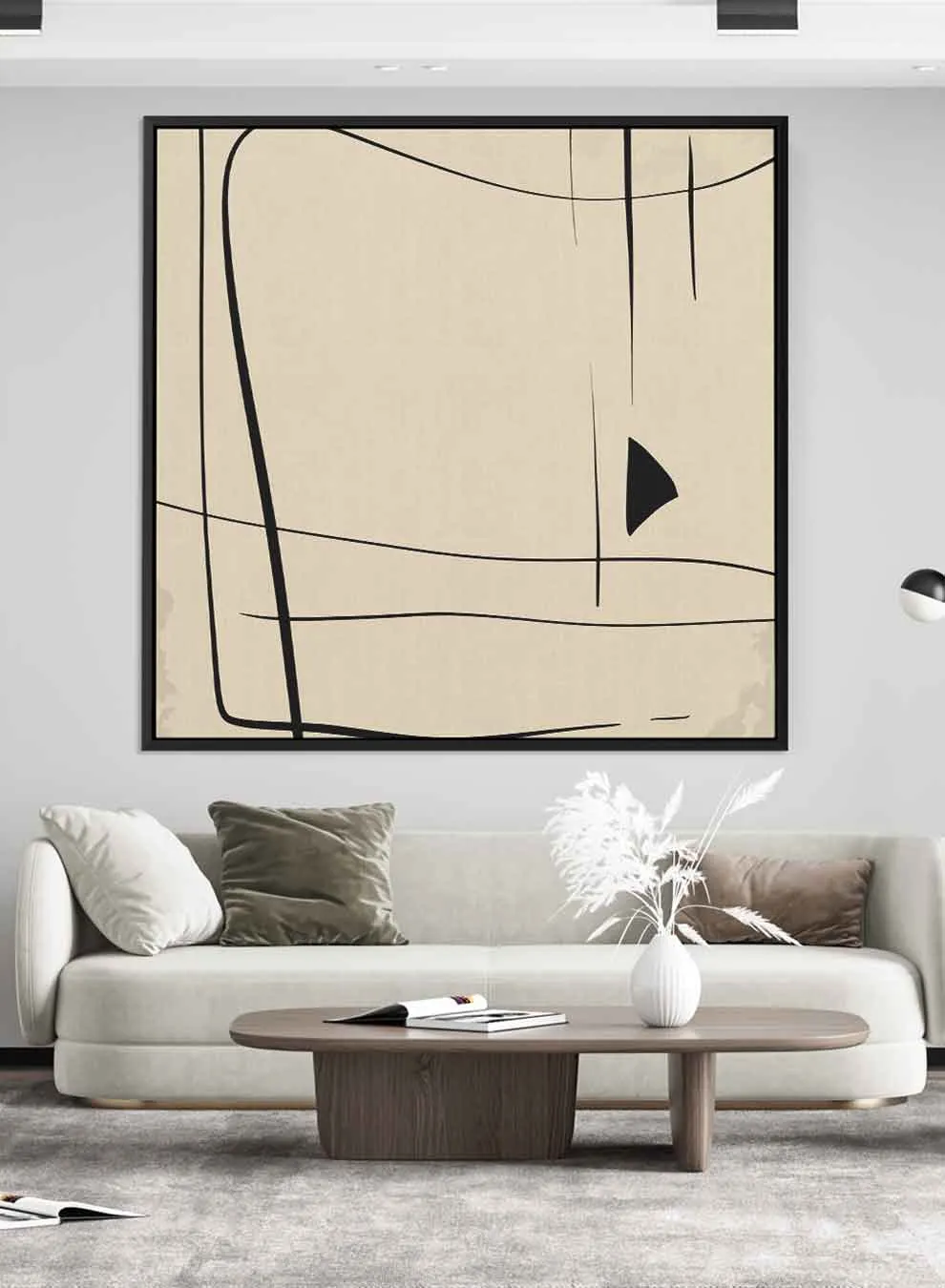 Square Canvas Wall Art Stretched Over Wooden Frame with Black Floating Frame and Scandinavian Abstract Brown Painting
