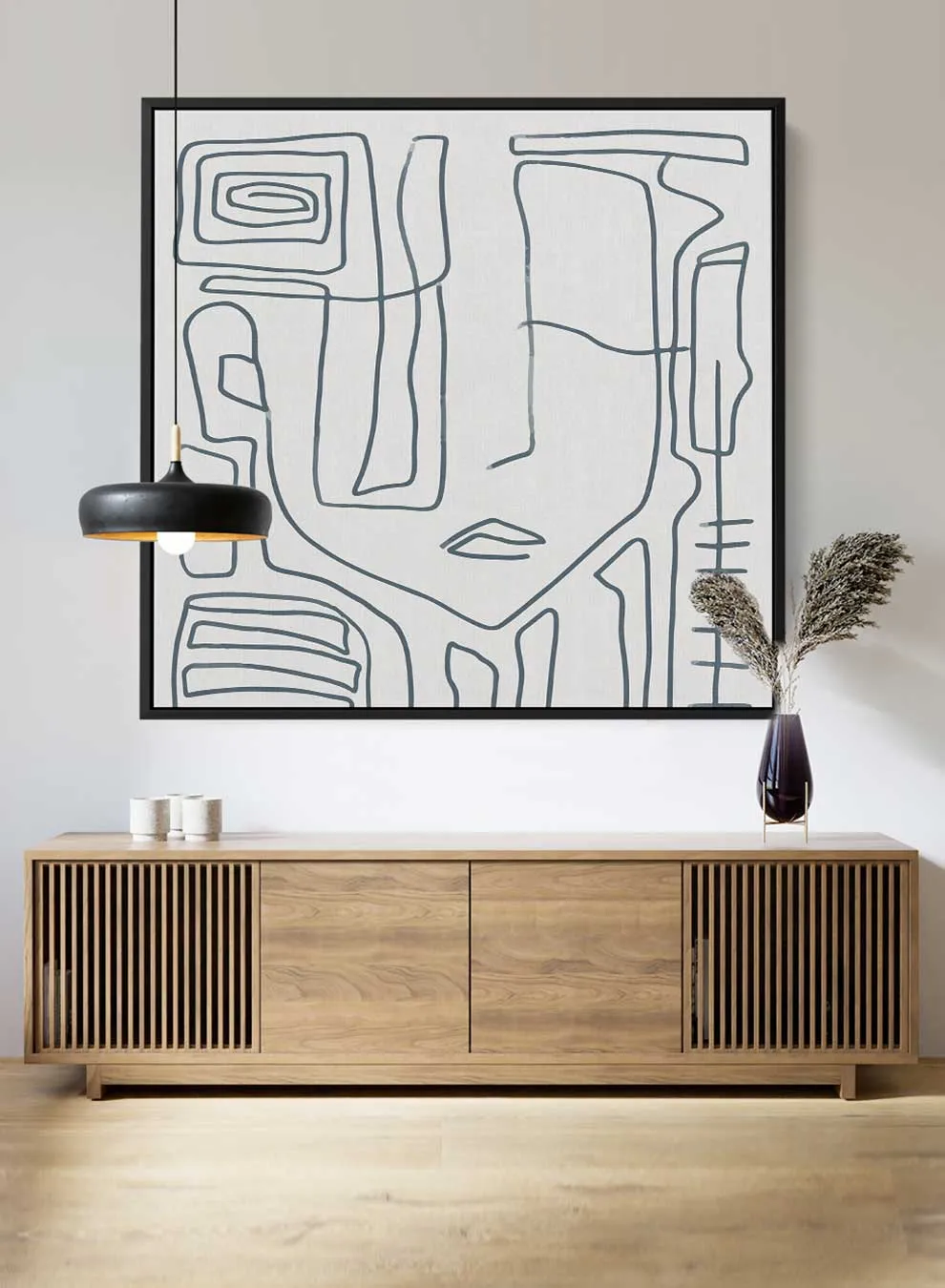 Square Canvas Wall Art Stretched Over Wooden Frame with Black Floating Frame and Scandinavian Abstract Painting Art