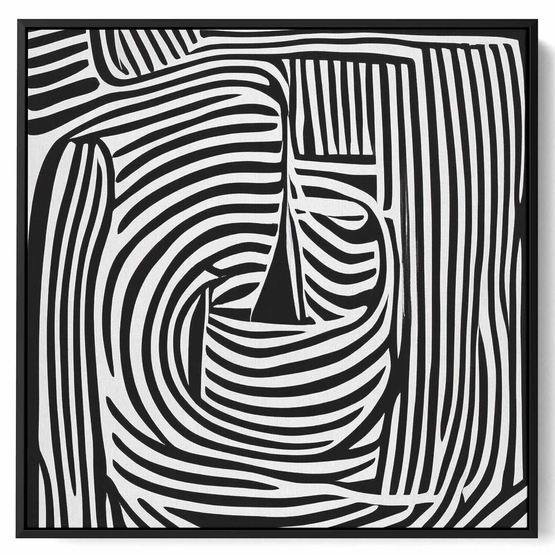 Square Canvas Wall Art Stretched Over Wooden Frame with Black Floating Frame and Sea Waves Abstract Painting