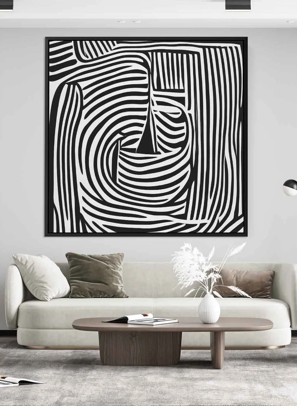 Square Canvas Wall Art Stretched Over Wooden Frame with Black Floating Frame and Sea Waves Abstract Painting